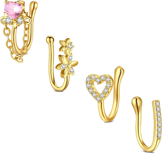 Zolure Fake Nose Ring CZ African Nose Cuffs Gold Fake Nose Piercing Faux Septum Nose Rings Clip on Nose Jewelry for Women Non Piercing Jewelry
