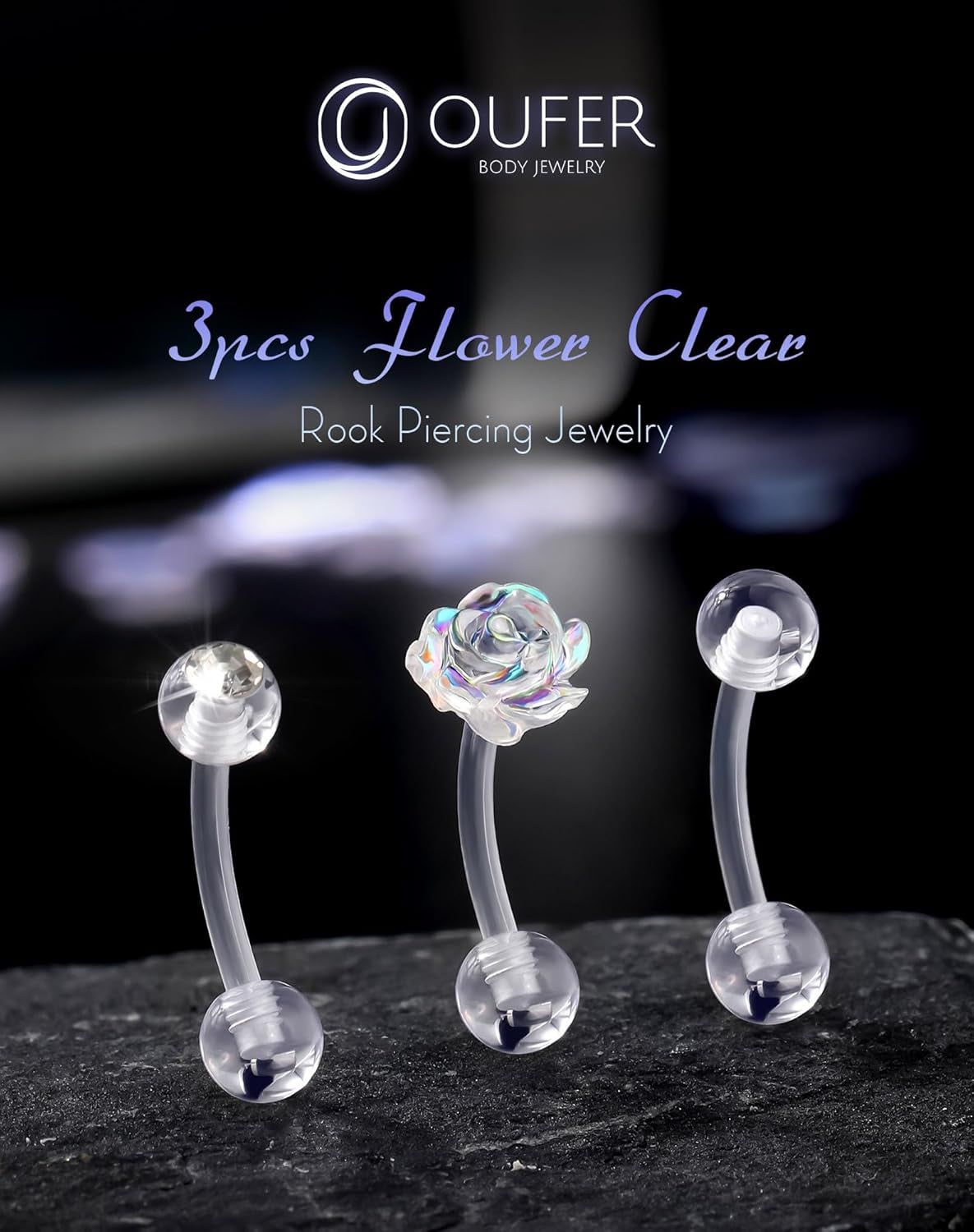 OUFER 3PCS Rook Piercing Jewelry, Plastic Piercings for Surgery, Clear Eyebrow Piercing Jewelry, 16G Eyebrow Rings, Clear Plastic Tragus Daith Rook Earrings for Work