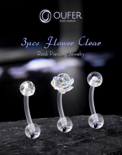 OUFER 3PCS Rook Piercing Jewelry, Plastic Piercings for Surgery, Clear Eyebrow Piercing Jewelry, 16G Eyebrow Rings, Clear Plastic Tragus Daith Rook Earrings for Work