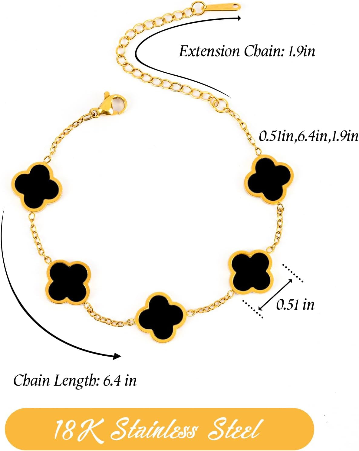 Clover Bracelet, 18K Gold Plated Charm Bracelet for Women, Trendy Jewelry Adjustable Bracelet for Wife Girlfriend Best Friend(Black)