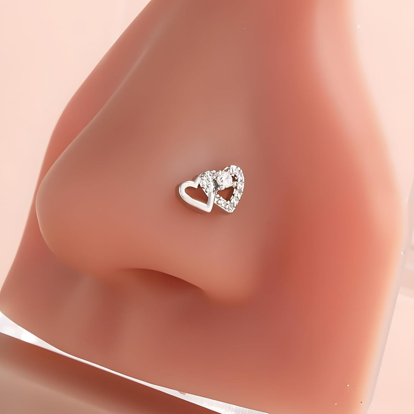 14K Gold Plated Heart Nose Stud for Women Silver Plated Heart Nose Ring with Faux Diamond CZ Hearts Noses Rings Piercing Jewelry