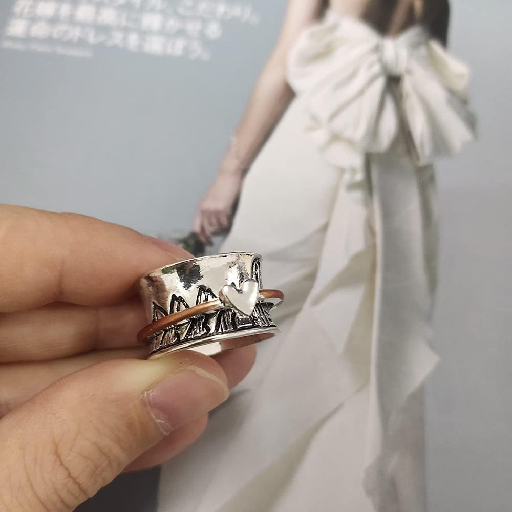 Mountain Love Heart Spinning Ring Keep Climbing Statement anti Anxiety Fidget Rotate Freely Inspirations Stress Relief Finger Band Rings for Women Men Birthday Christmas Personalized Jewelry Gifts