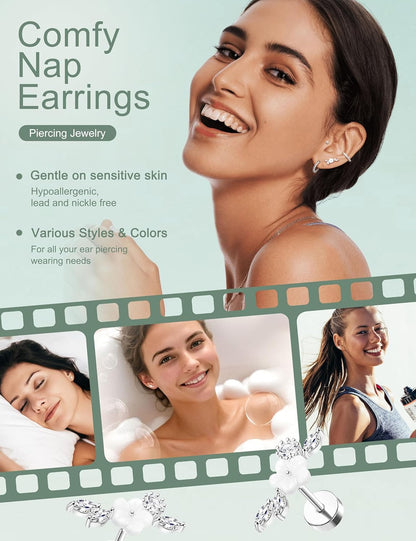 LOLIAS 16 Gauge Cartilage Earrings for Women Flat Back-Hypoallergenic Surgical Stainless Steel Stud Hoop Cartilage Earring Set Daith Conch Tragus Helix Piercing Jewelry Single PC