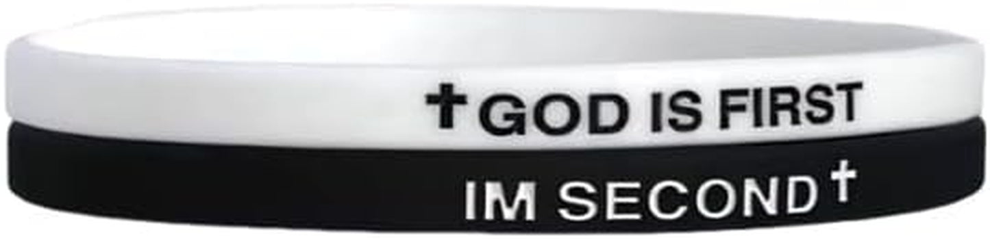 God Is First silicone bracelet close-up showing text