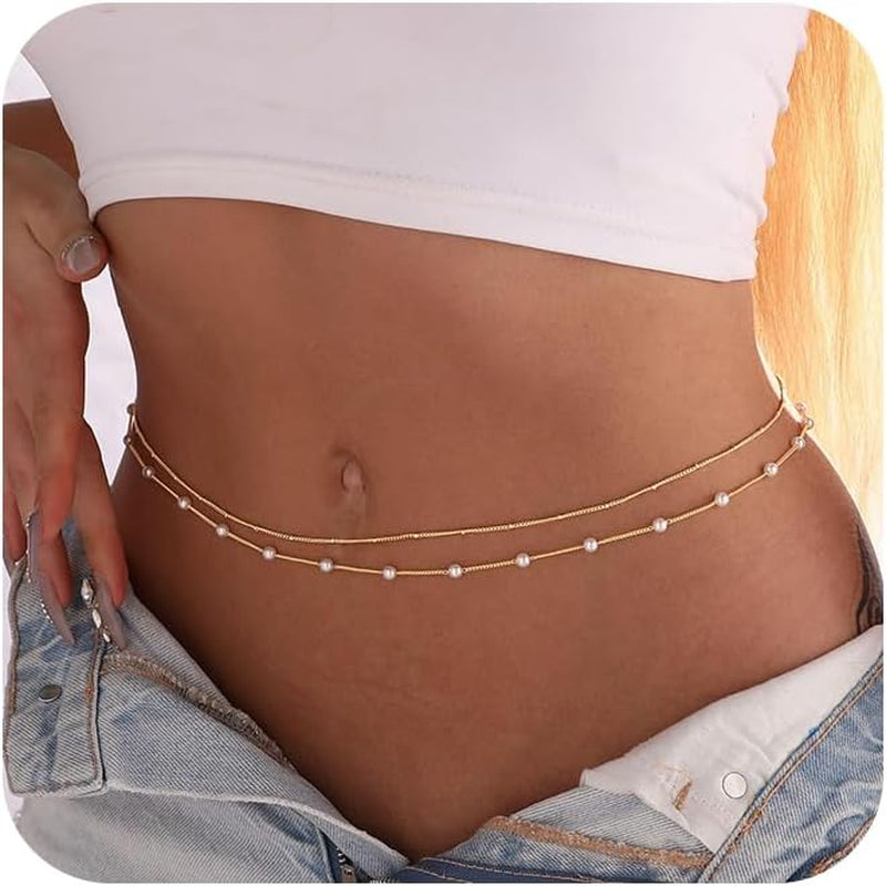 CAROVO Belly Waist Chain for Women 14K Gold Silver Plated Layered Body Chains Boho Cuban Figaro Pearl Heart Coin Satellite Bead Belly Chain Sexy Bikini Body Jewelry for Women Adjustable