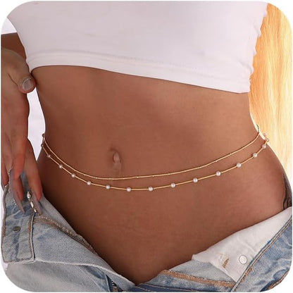CAROVO Belly Waist Chain for Women 14K Gold Silver Plated Layered Body Chains Boho Cuban Figaro Pearl Heart Coin Satellite Bead Belly Chain Sexy Bikini Body Jewelry for Women Adjustable