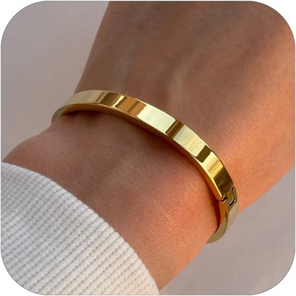 Gold Bangle Bracelets for Women, Trendy Dainty 14K Gold Plated Oval Bangles Stocking Stuffers for Women, Stackable Friendship Bracelets Love Bangle Christmas Birthday Gifts