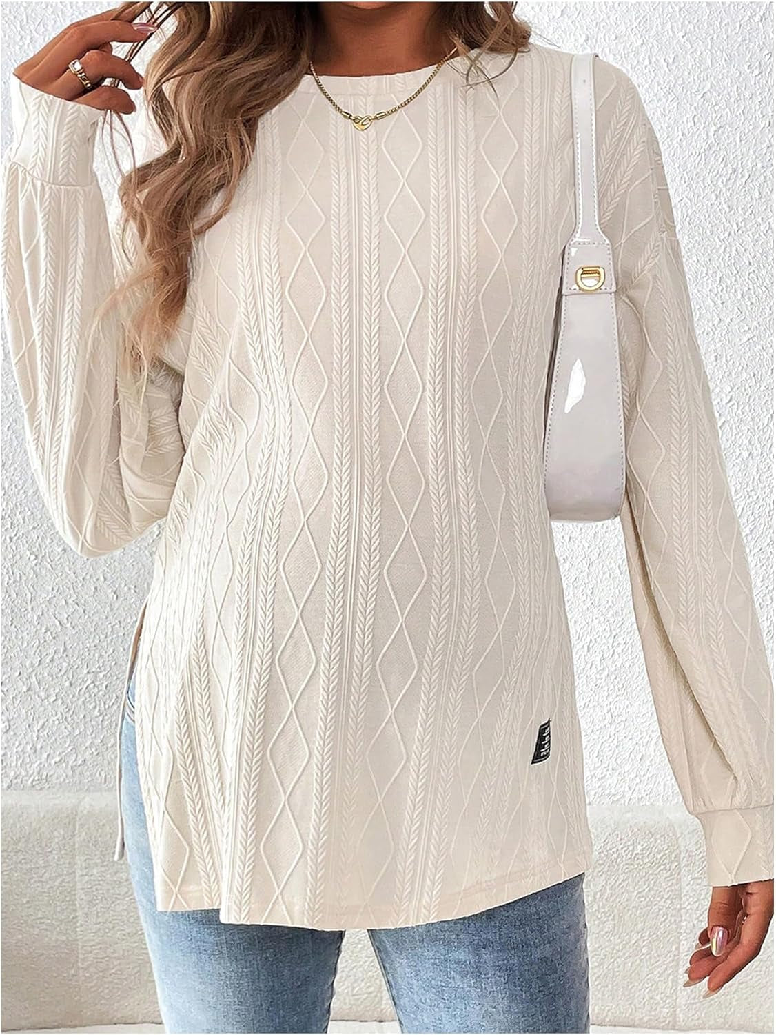 Makemechic Women'S Maternity Tee Shirts Textured Long Sleeve round Neck Slit Hem Pregnancy Tops