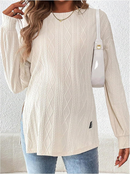 Makemechic Women'S Maternity Tee Shirts Textured Long Sleeve round Neck Slit Hem Pregnancy Tops