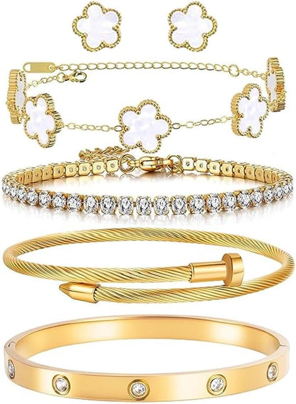 Freinit Bracelets and Earrings Set for Women 5Pcs 18K Gold Plated Nail Love Bangle Bracelet Set Adjustable Bracelet Stackable Flower Tennis Bracelet Gifts for Christmas Valentines Women'S Day and Mother'S Day