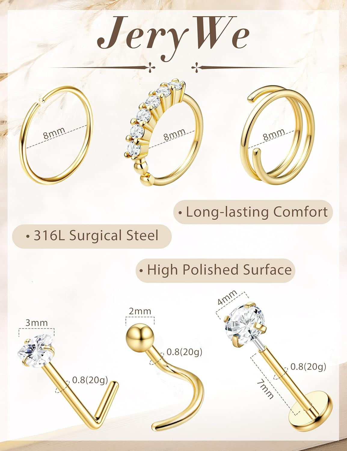 Jerywe Nose Rings for Women - 14K Gold Filled Hypoallergenic Surgical Steel Nose Ring Hoops CZ Lip Ring Screw L Shaped Studs Threadless Flat Back Stud Nose Piercings Jewelry for Women Men