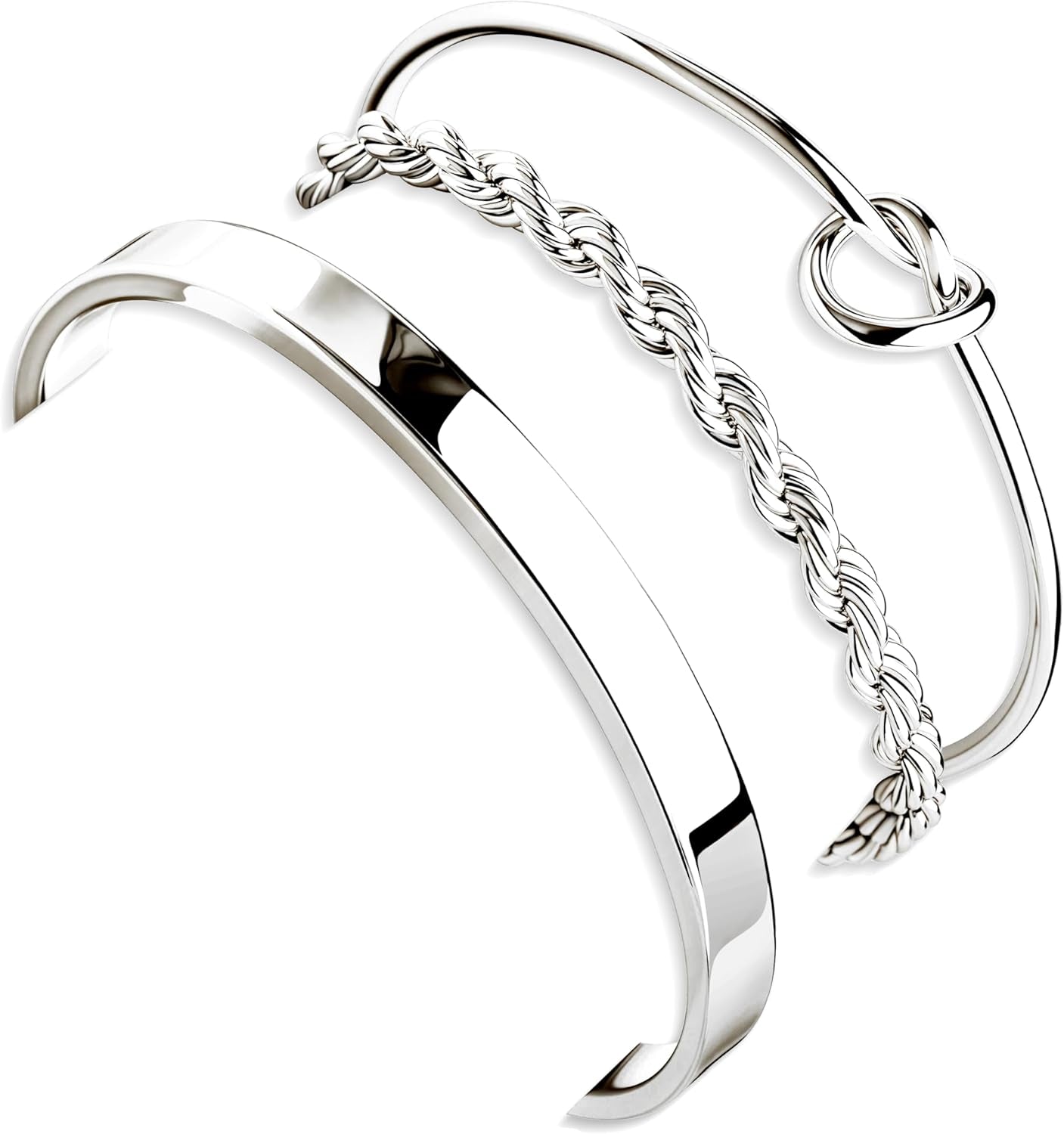 Silver and gold plated stacked cuff bangle bracelets on womens arm