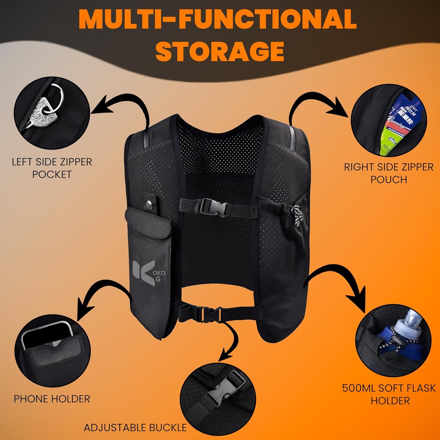 Ultra-light hydration pack showing multiple storage pockets and reflective strips