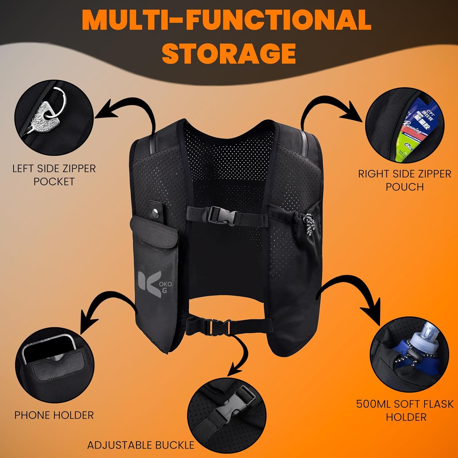 Ultra-light hydration pack showing multiple storage pockets and reflective strips