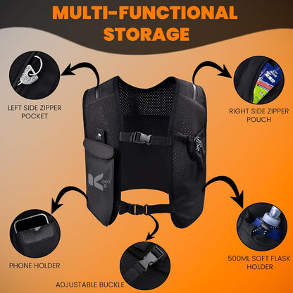 Ultra-light hydration pack showing multiple storage pockets and reflective strips