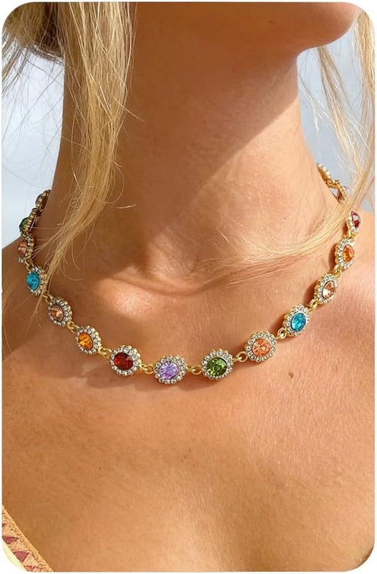 Magitaco Colorful Rhinestone Choker Necklace for Women, Gold Plated Rainbow Crystal Necklaces, Trendy Gemstone Necklace Jewelry for Beach Prom