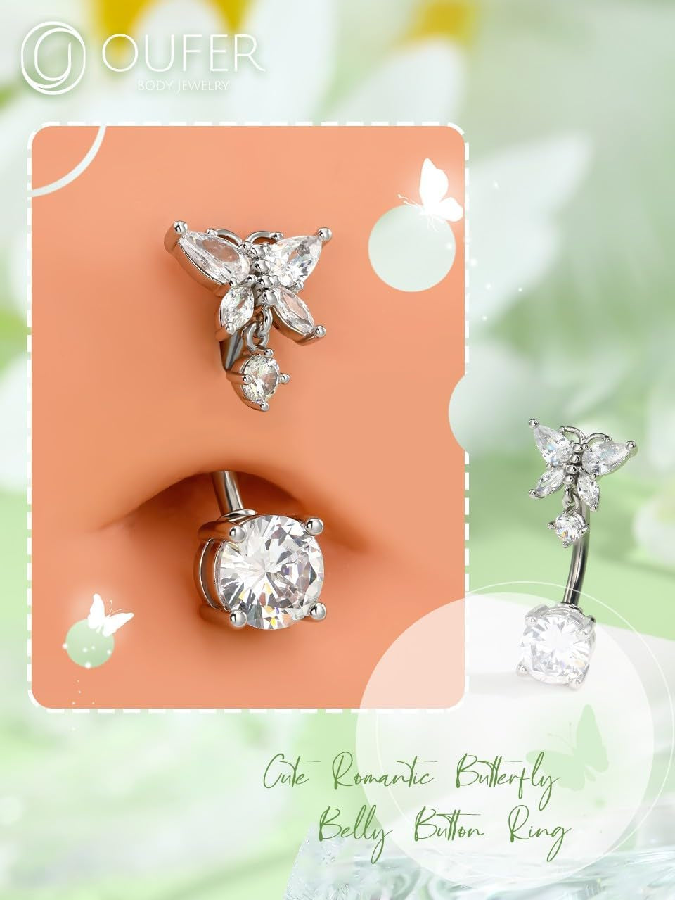 OUFER Belly Button Rings, Butterfly Belly Rings, 316L Surgical Steel Navel Rings, Clear CZ Belly Piercing Jewelry, Dangle Belly Rings for Women Men