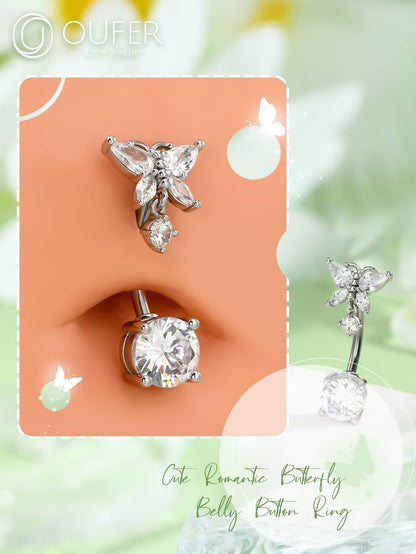 OUFER Belly Button Rings, Butterfly Belly Rings, 316L Surgical Steel Navel Rings, Clear CZ Belly Piercing Jewelry, Dangle Belly Rings for Women Men