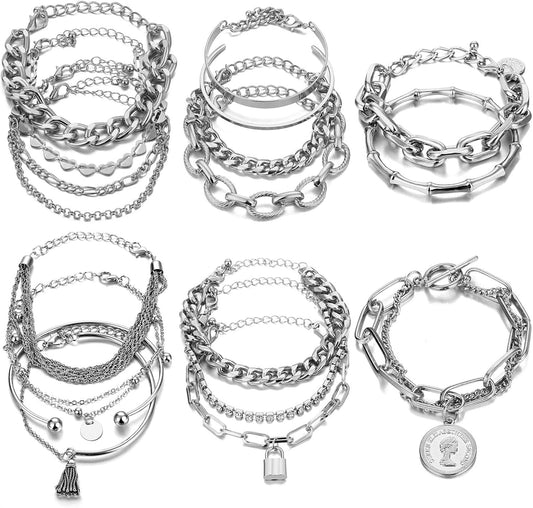 17IF 18-25 PCS(6 Pack) Boho Gold Bracelets Set for Women Stackable Chunky Dainty Bangles Adjustable Chain Flat Cuff Cuban Punk Charm Bundle Jewelry