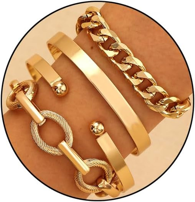 Chunky Gold Bracelets for Women Boho Stackable Bangle Cuff Bracelet Set Layered Link Chain Bracelet Adjustable Butterfly Pearl CZ Tennis Statement Bracelets Dainty Jewelry