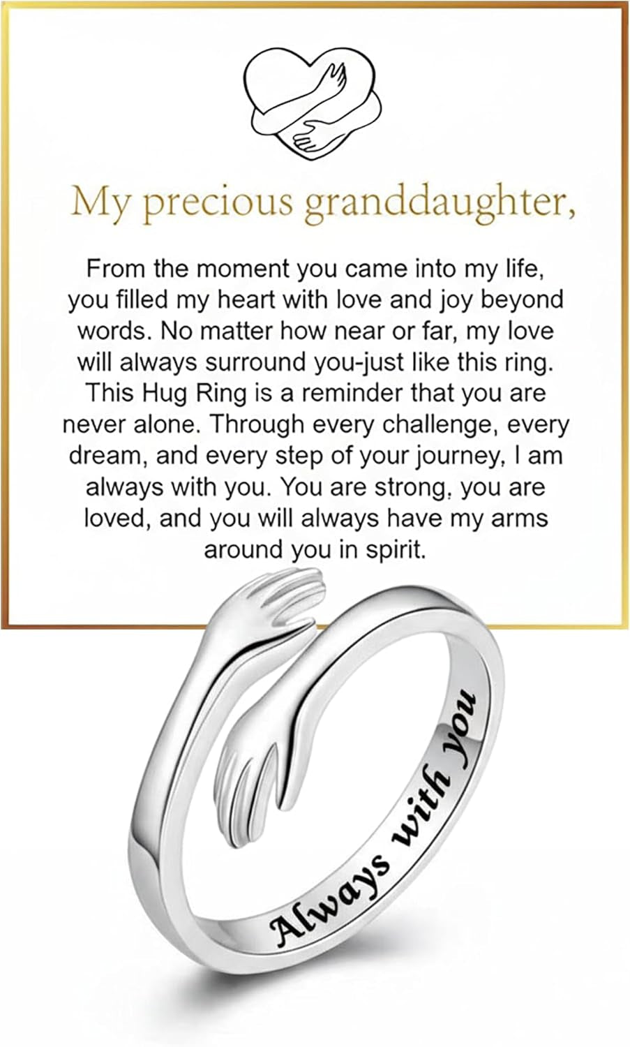 To My Granddaughter Hug Ring Hope Rings from Grandma, Adjustable Inspirational Stainless Steel for Granddaughter Non Tarnish Jewelry Gift for Birthday Christmas Engarved Always with You Message