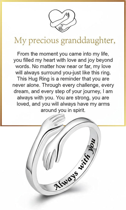 To My Granddaughter Hug Ring Hope Rings from Grandma, Adjustable Inspirational Stainless Steel for Granddaughter Non Tarnish Jewelry Gift for Birthday Christmas Engarved Always with You Message