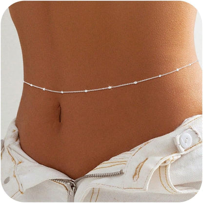 BERISO 14K Gold Plated Body Chain for Women - Sexy Waist Beads Chain, Adjustable Beach Body Jewelry, Elegant Bikini Belly Chain, Boho Festival Layered Body Jewelry (26.5-33 Inch)