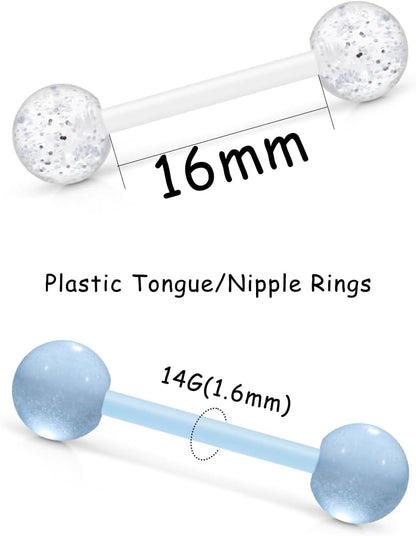 Prjndjw 48Pcs 14G 16Mm 14MM Glow in Dark Tongue Nipple Ring Plastic Flexible Acrylic Straight Barbell Body Piercing Jewelry for Women Men Tongue Nippie Piercings
