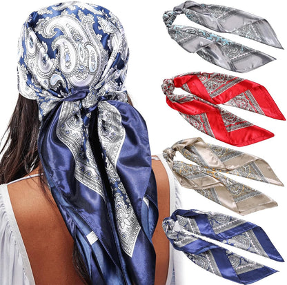 AWAYTR 35” Satin Large Square Head Scarves - 4PCS Silk like Neck Scarf Hair Sleeping Wraps Satin Silk Scarfs for Women