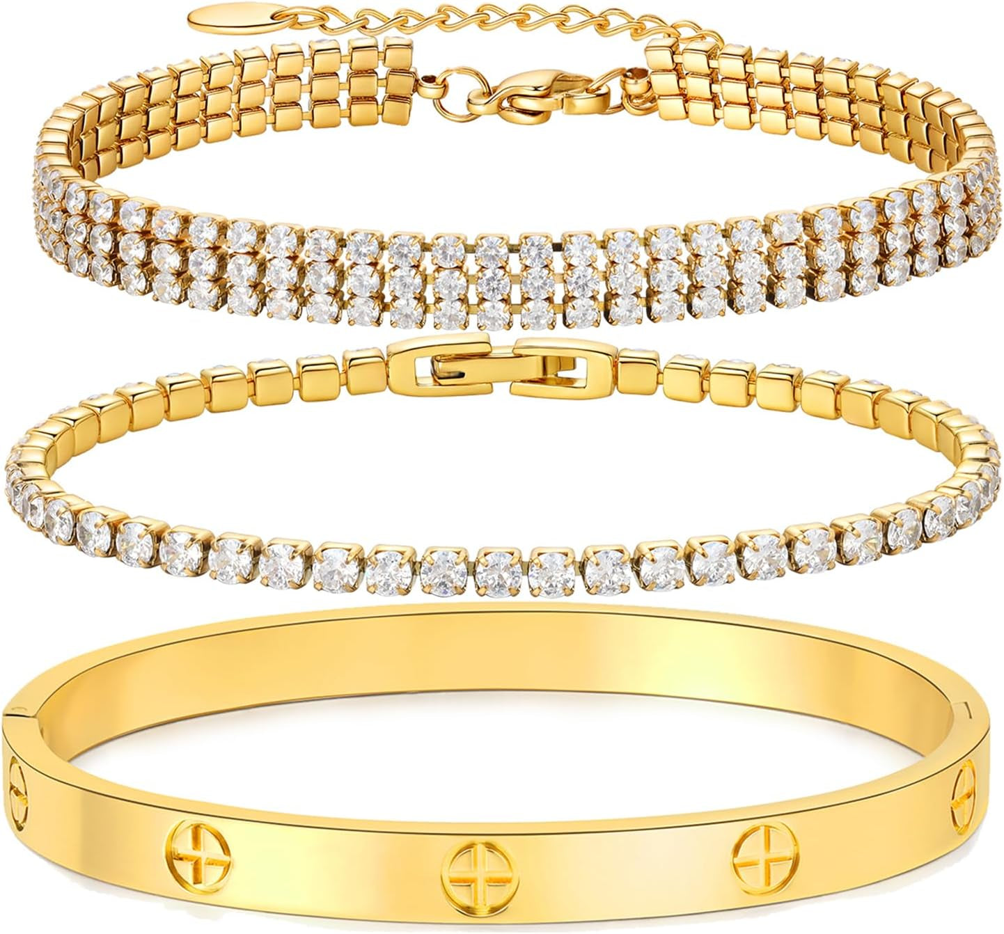 18K Gold Plated Love Bangle Bracelet Set Cubic Zirconia Classic Stainless Steel Adjustable CZ Gold,Silvery,Colorful CZ Love Bracelets Stack for Women