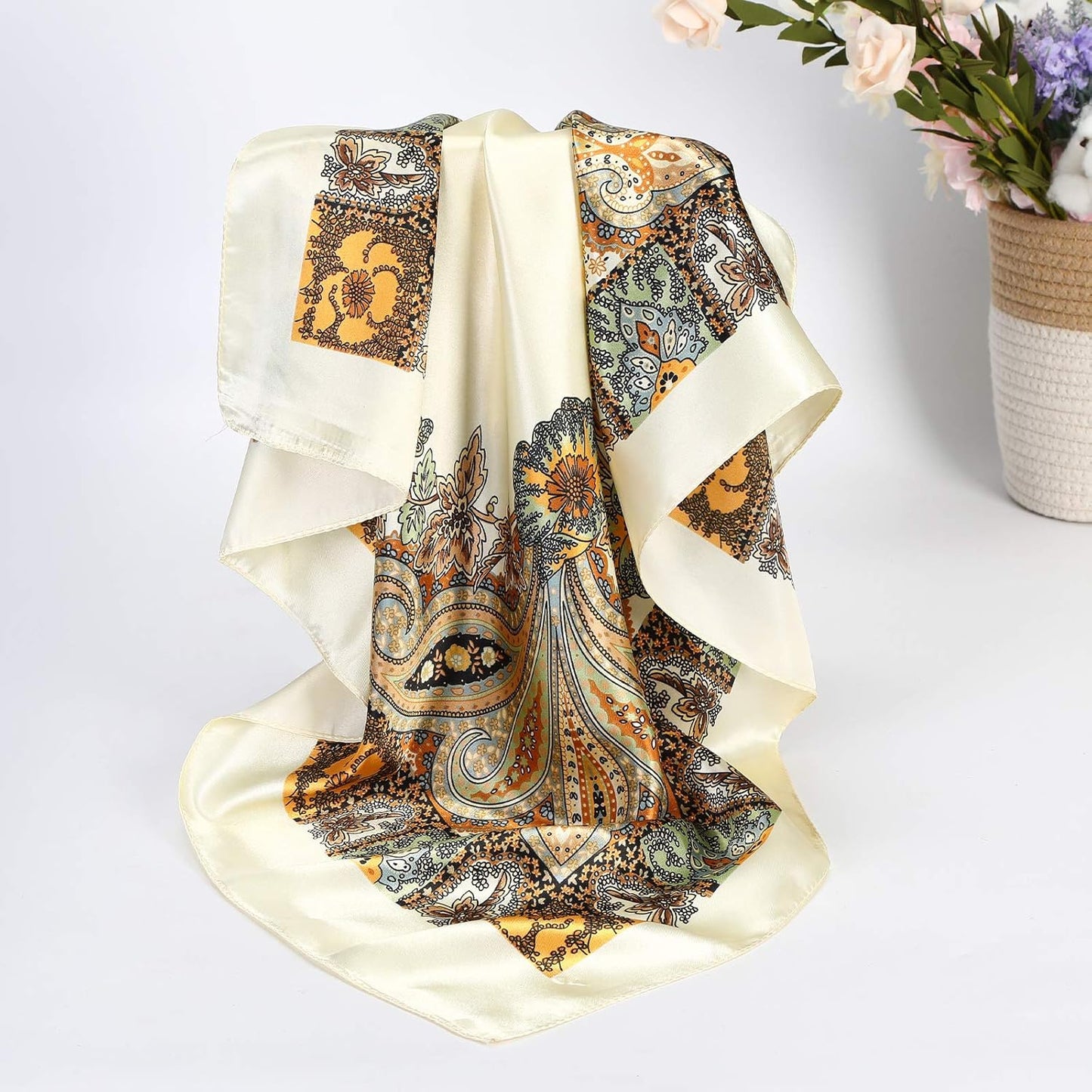 AWAYTR 35” Satin Large Square Head Scarves - 4PCS Silk like Neck Scarf Hair Sleeping Wraps Satin Silk Scarfs for Women