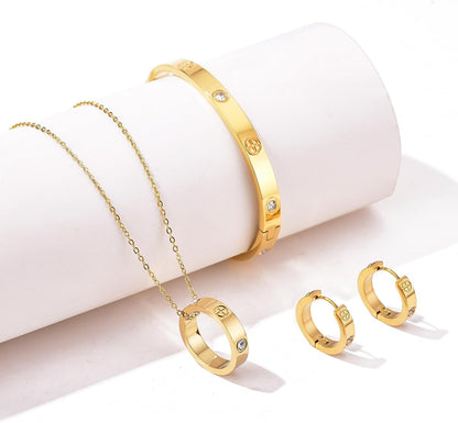 Love Bracelet Earring Necklace Set for Women 18K Gold Plated Trendy Stainless Steel Luxury Love Hoop Earring Bangle Pendant Jewelry Set