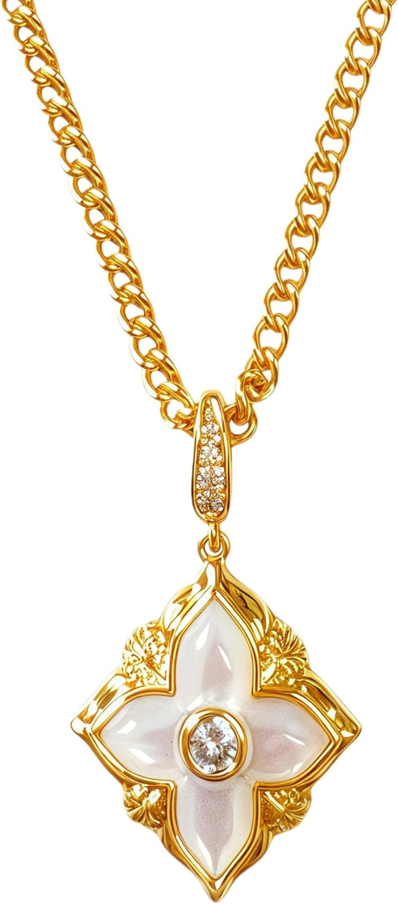 Gold Clover Necklace for Women, Double-Sided Pendant by 18K Gold-Plated Inlaid Natural Stone Pendant Necklace,Turquoise/Malachite/Black Onyx Stone/White Mother of Pearl ,Jewelry Gift for Women