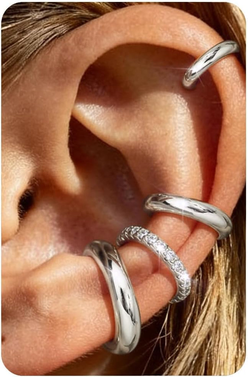 𝟒𝐏𝐚𝐢𝐫𝐬 14K Gold Plated Ear Cuff Earrings for Women Non Piercing - Hypoallergenic Ear Cuffs 14K Silver/Gold Plated Non Tarnish Clip on Cartilage Earrings Fake Earring Set Trendy Jewelry