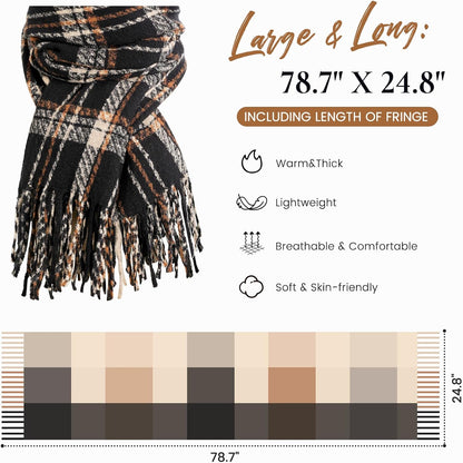 Winter Scarf for Women, Fashion Plaid Blanket Scarves with Fringe, Long Soft Scarf Shawl Wraps