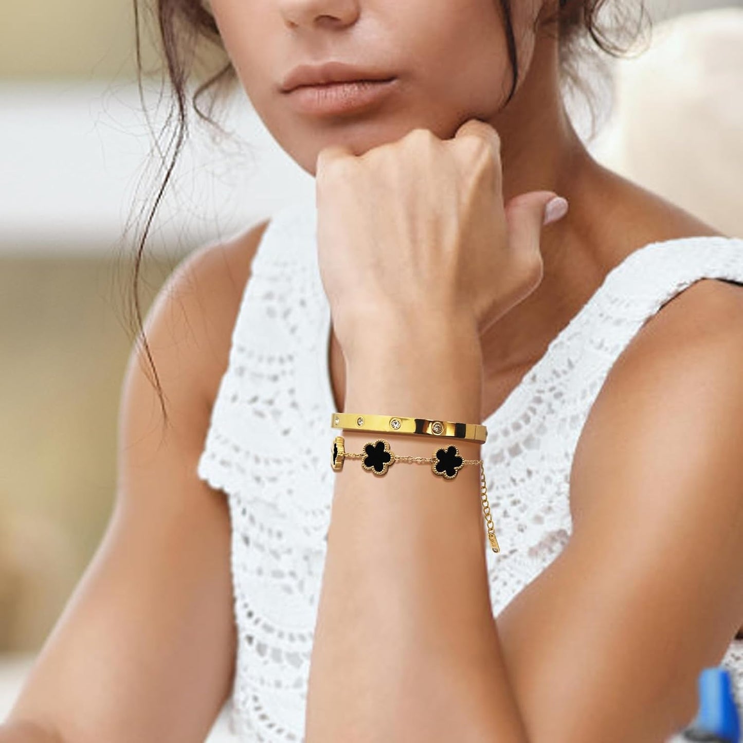 18K Gold Plated Lucky Clover Bracelet and Friendship Love Bangle Bracelets Set for Women Girlfriend Gold Cubic Zirconia Bracelet Set, Christmas Valentines Wedding Birthday Gifts