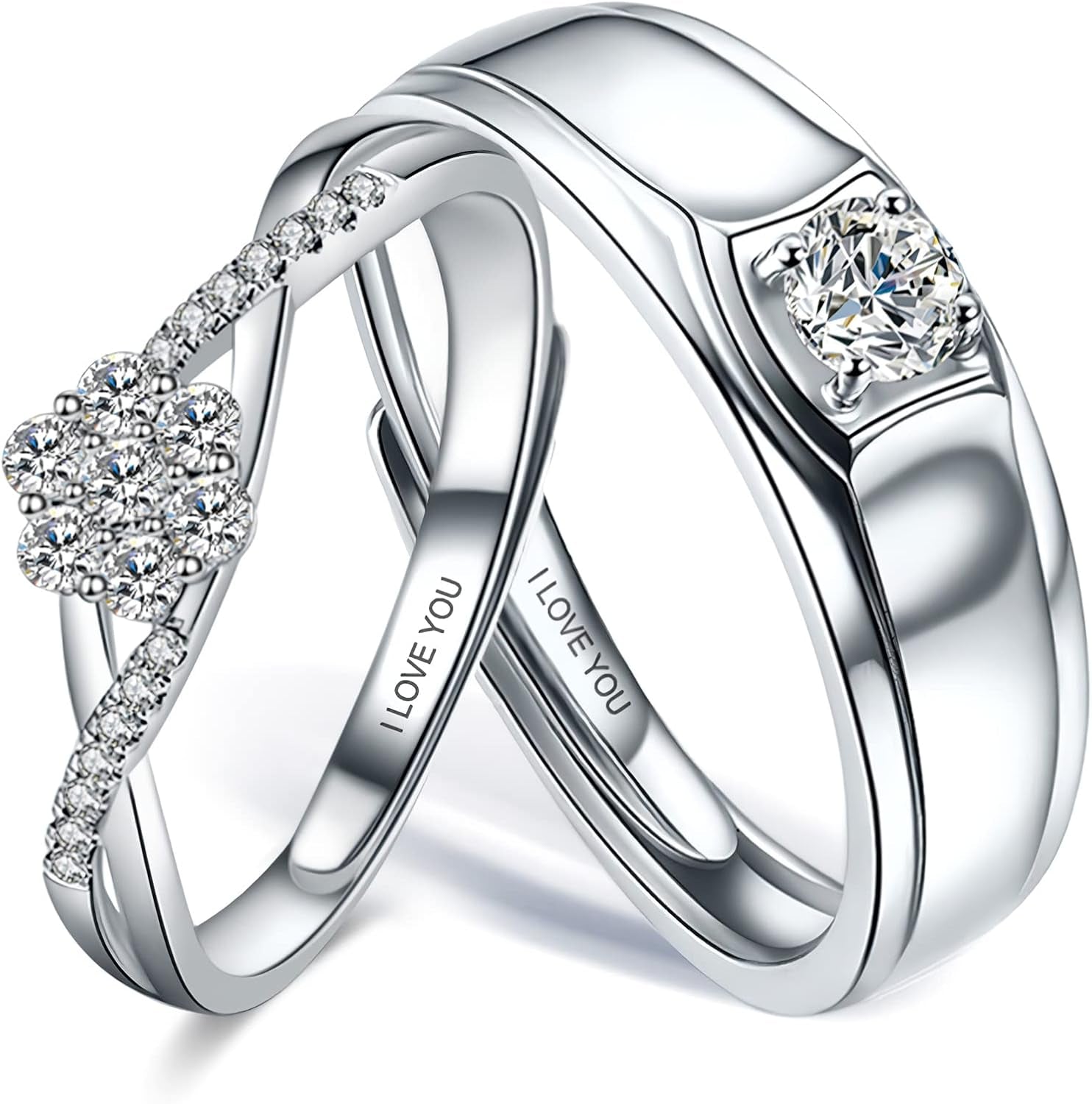 Sunamy Endless Love Matching Couple Rings for Him and Her Set, Adjustable S925 Silver Romantic Heart Design, Engagement Ring