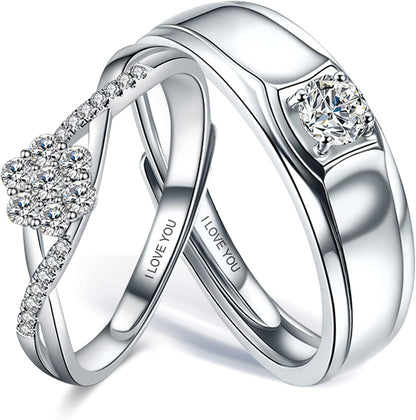 Sunamy Endless Love Matching Couple Rings for Him and Her Set, Adjustable S925 Silver Romantic Heart Design, Engagement Ring