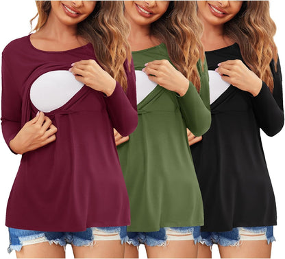 Ekouaer Women 3 Packs Nursing Shirts Long Sleeve Maternity Tops Double Layer Breastfeeding Tees round Neck Pregnancy Blouse