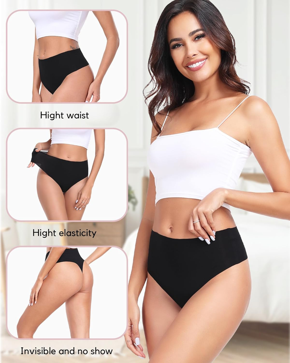 Seamless high waisted thong panties comfortable stretchy fabric detail