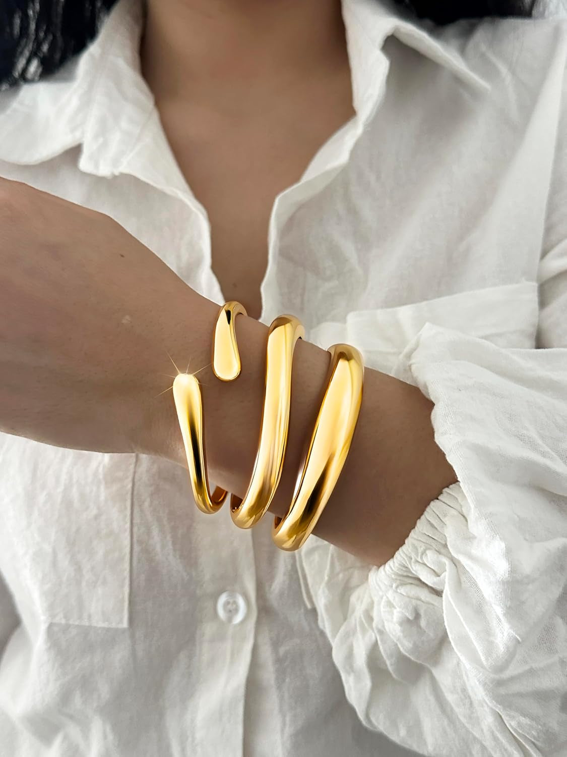 Chunky Gold Bangles for Women, 14K Gold Plated Twisted Hinged Stackable Bangle Bracelet Set, Trendy Cuff Bracelet Stack Fashion Jewelry Gifts