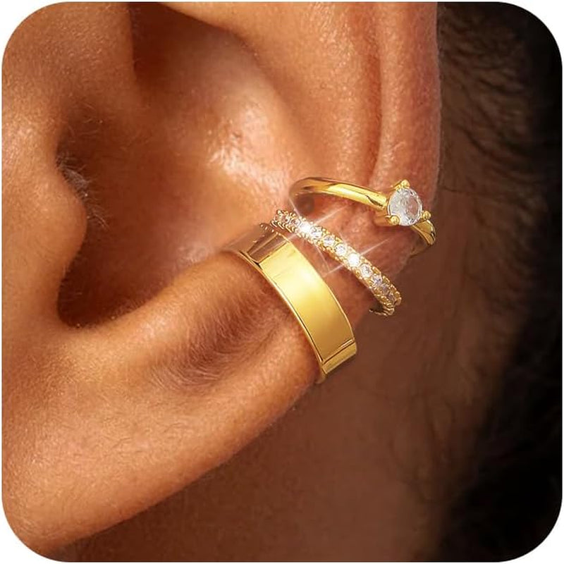 14K Gold/Silver Plated Ear Cuffs Set Dainty Clip Piercing Stack Small Cartilage Hoop Huggie Trendy Tarnish Hypoallergenic Jewelry Gift