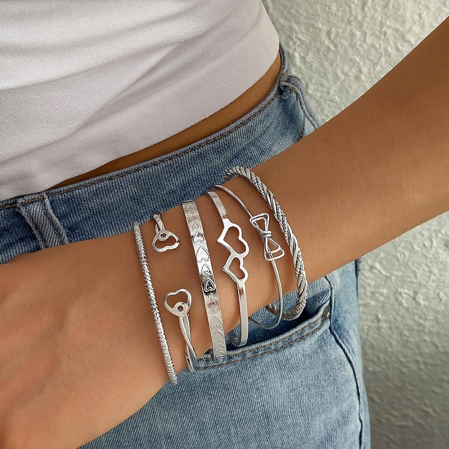 17IF Silver Bangle Bracelet for Women, 14K Multilayer Charm Textured Stackable Bracelets Lightning Bangles Indian Chunky Cuff Fashion Jewelry Gift