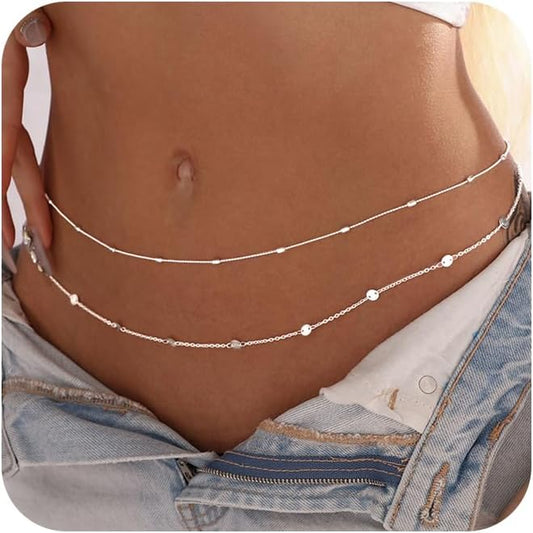 CAROVO Belly Waist Chain for Women 14K Gold Silver Plated Layered Body Chains Boho Cuban Figaro Pearl Heart Coin Satellite Bead Belly Chain Sexy Bikini Body Jewelry for Women Adjustable