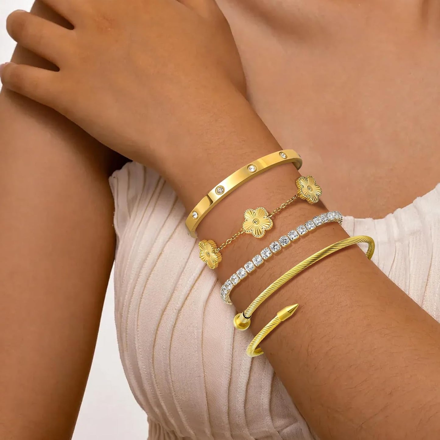 Gold Bracelets for Women, 18K Gold Plated Tennis Nail Clover Love Bangle Bracelets Set Non Tarnish, Stainless Steel Trendy Stackable Bracelet Fashion Jewelry Accessories Gifts for Christmas