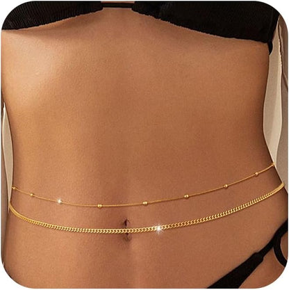 2PCS Gold Silver Waist Chain Adjustable Layered Belly Chain Body Chain Jewelry for Women Sexy Bikini Beach Boho Pearl Beaded Cuban Satellite Waist Chains