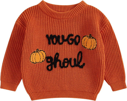 Baby Halloween Sweater Pumpkin Print Long Sleeve Crewneck Embroidery Knit Sweatshirt Toddler Fall Winter Pullover
