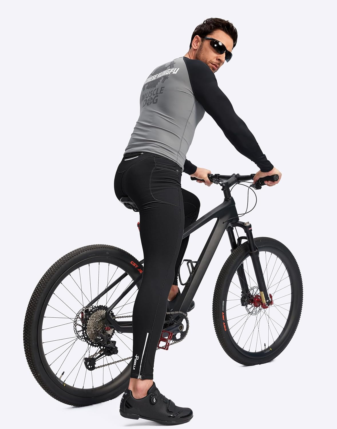 Male jogger wearing black thermal tights in winter setting