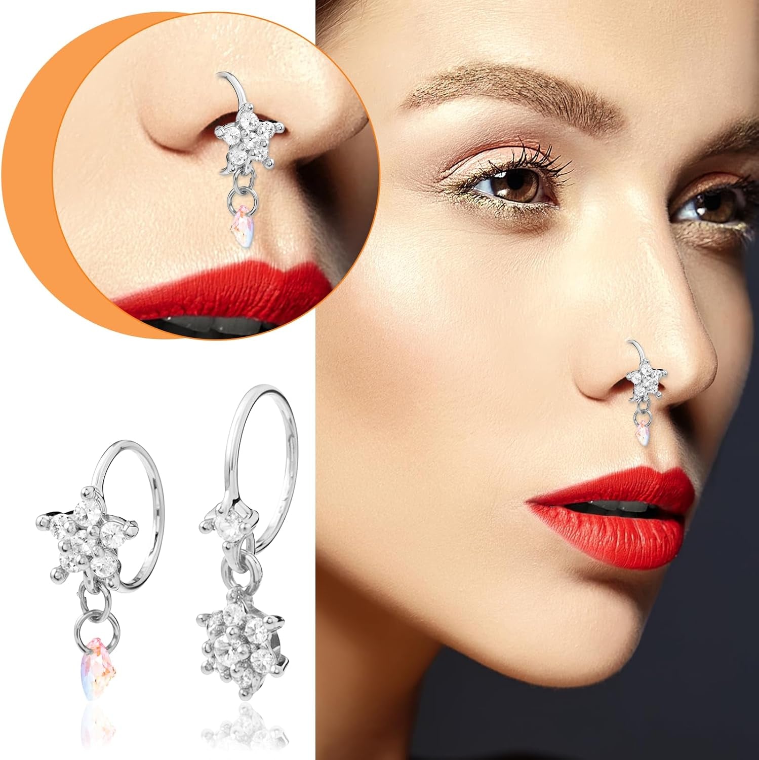 Gold dangle nose rings displayed on white background