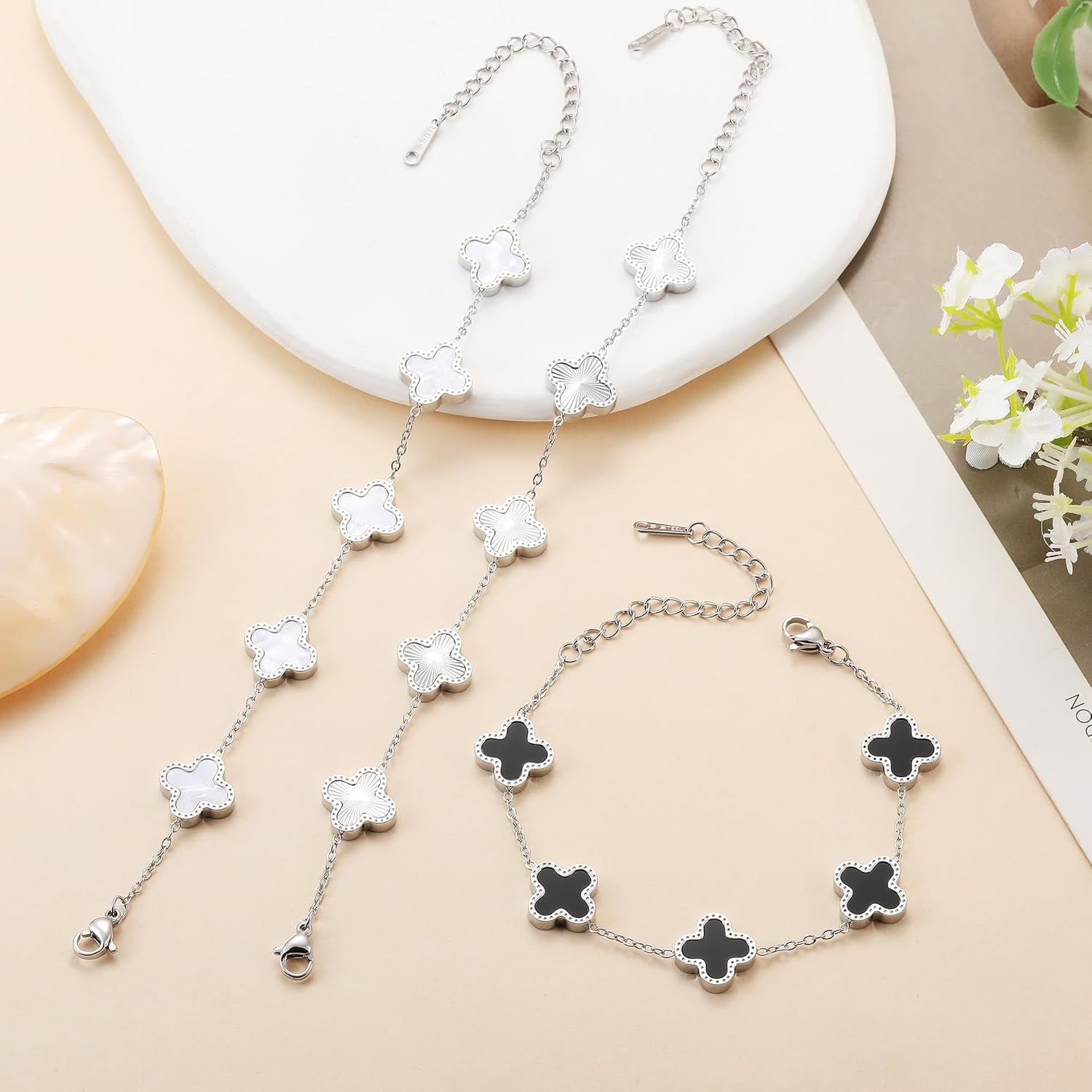 Silver Chain Bracelet Set Gold/White/Black Clover Bracelets for Women Four Leaf Lucky Bracelets Jewelry Gifts for Women 3Pcs